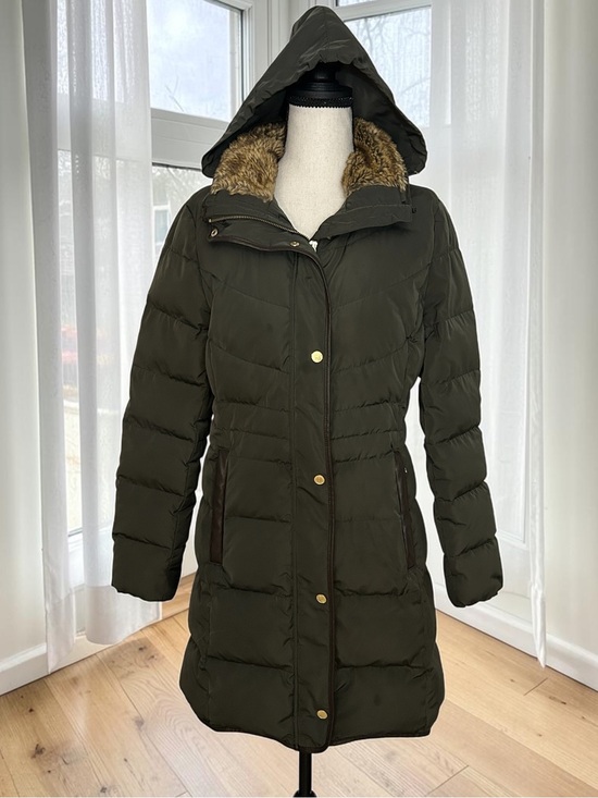 Cole Haan Jackets & Blazers - Cole Haan Signature Olive Green Down Puffer Hooded Jacket with Faux-Fur Medium